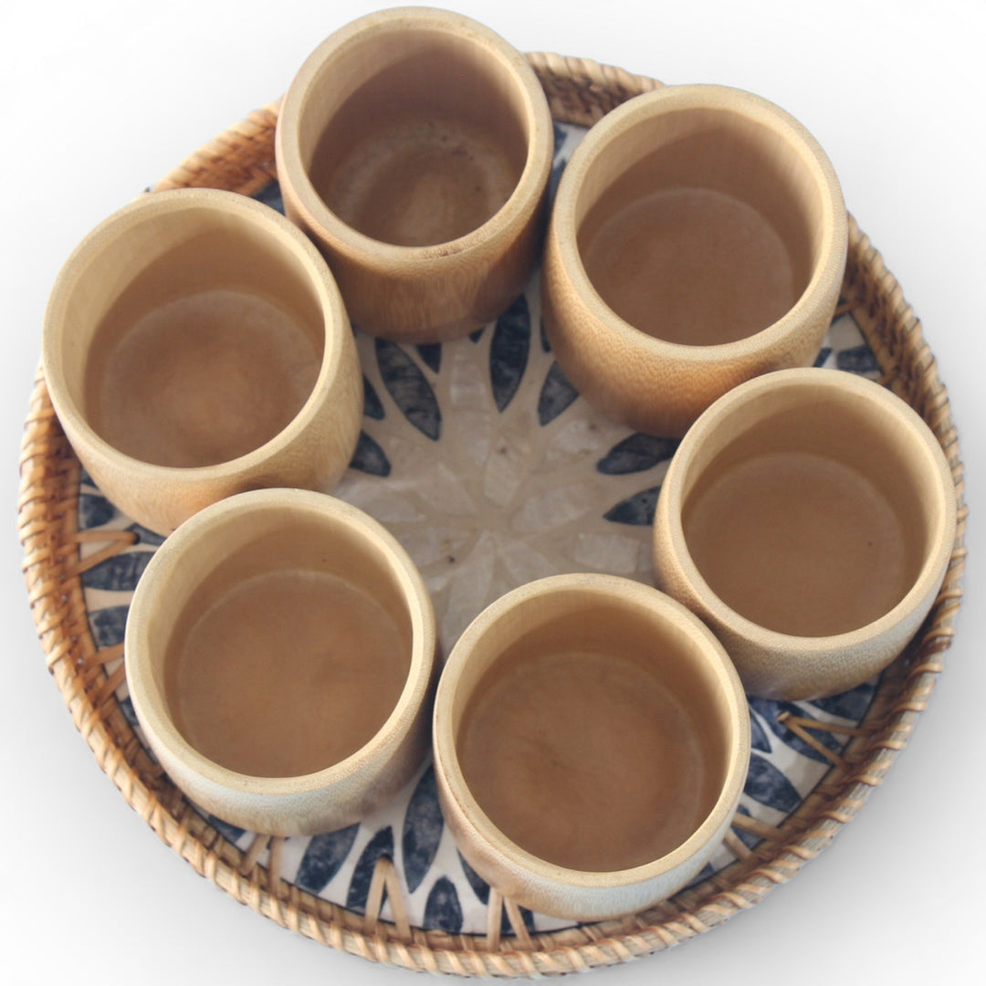 Set of 6 Medium Bamboo Cups and Round Seashell Tray