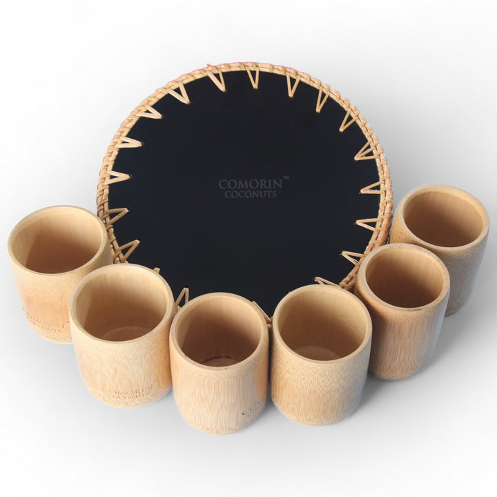 Set of 6 Medium Bamboo Cups and Round Seashell Tray