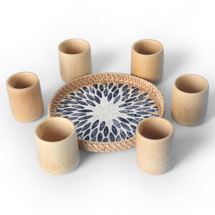 Set of 6 Medium Bamboo Cups and Round Seashell Tray