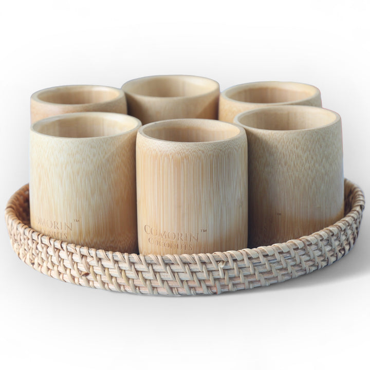 Set of 6 Medium Bamboo Cups and Round Seashell Tray