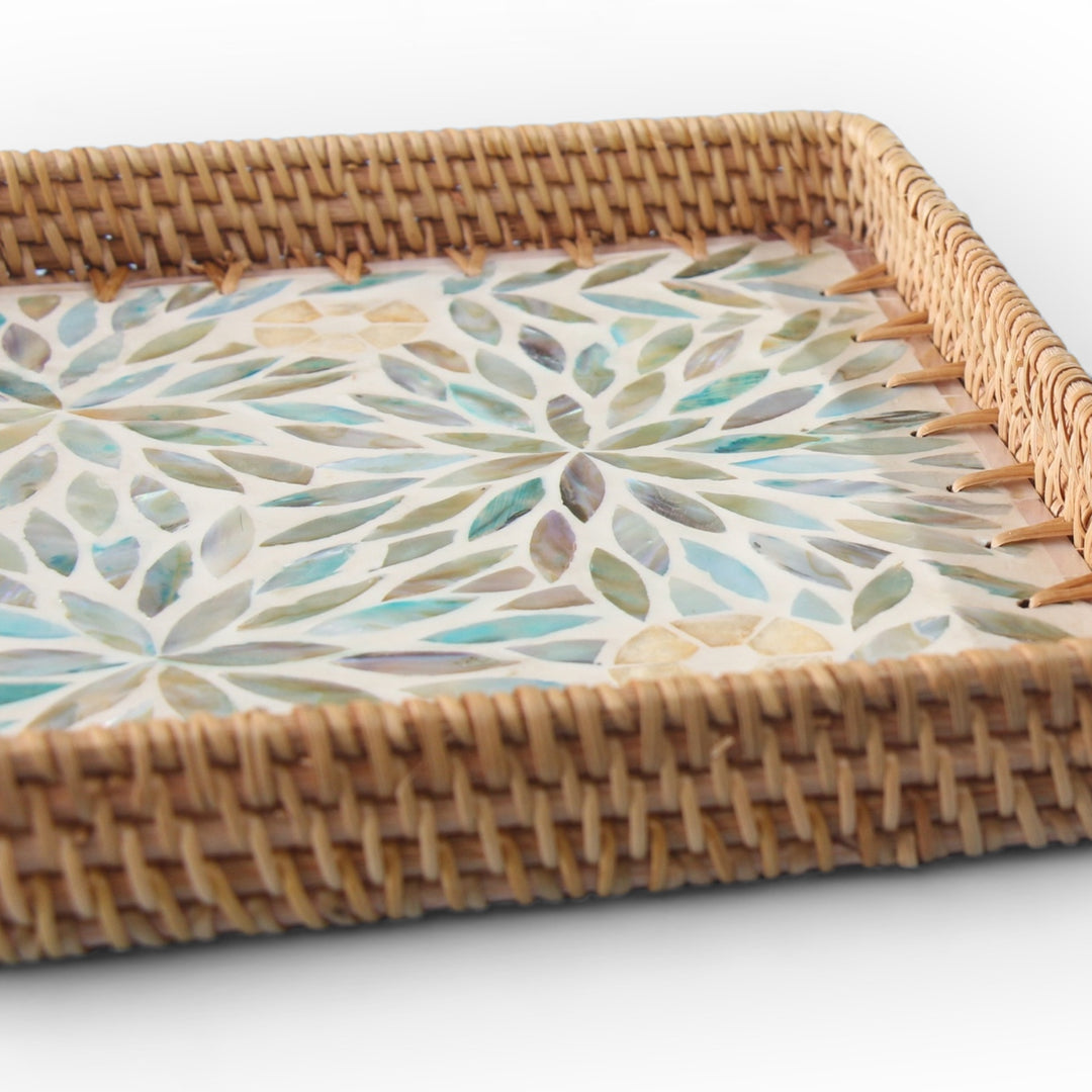 Colorful Floral Square Seashell Cane Tray