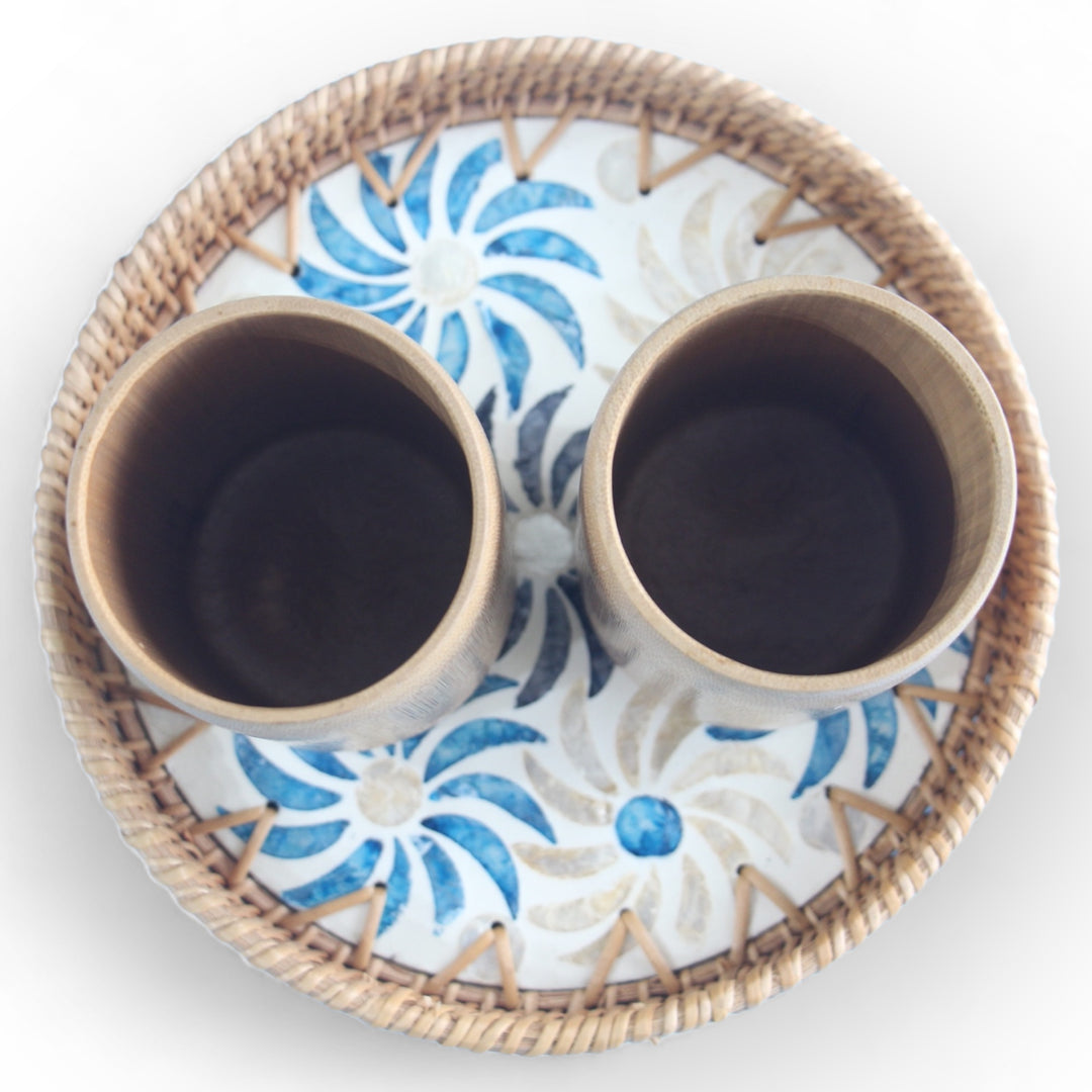 Set of 2 Large Bamboo Cups and Round Seashell Tray