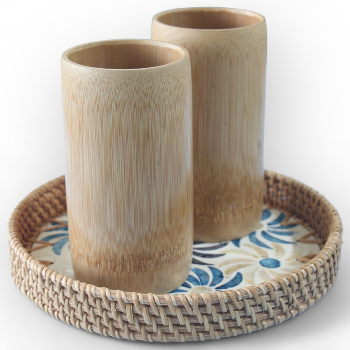 Set of 2 Large Bamboo Cups and Round Seashell Tray