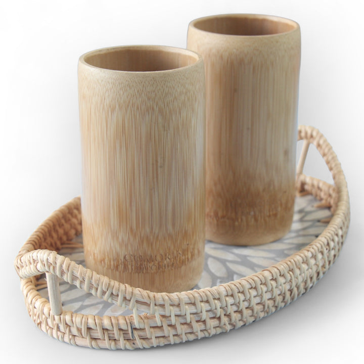 Set of 2 Large Bamboo Cups and Oval Seashell Tray