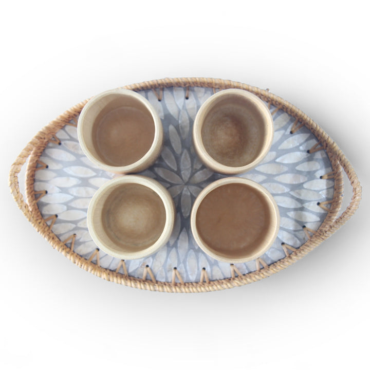 Set of 4 Medium Bamboo Cups and Oval Seashell Tray