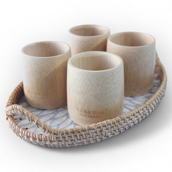 Set of 4 Medium Bamboo Cups and Oval Seashell Tray