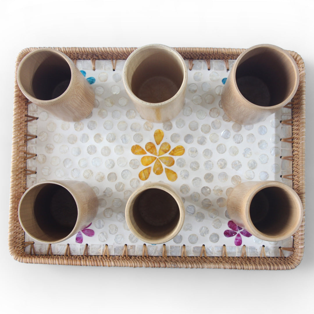 Set of 6 Large Bamboo Cups and Rectangle Seashell Tray