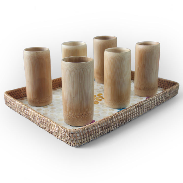 Set of 6 Large Bamboo Cups and Rectangle Seashell Tray