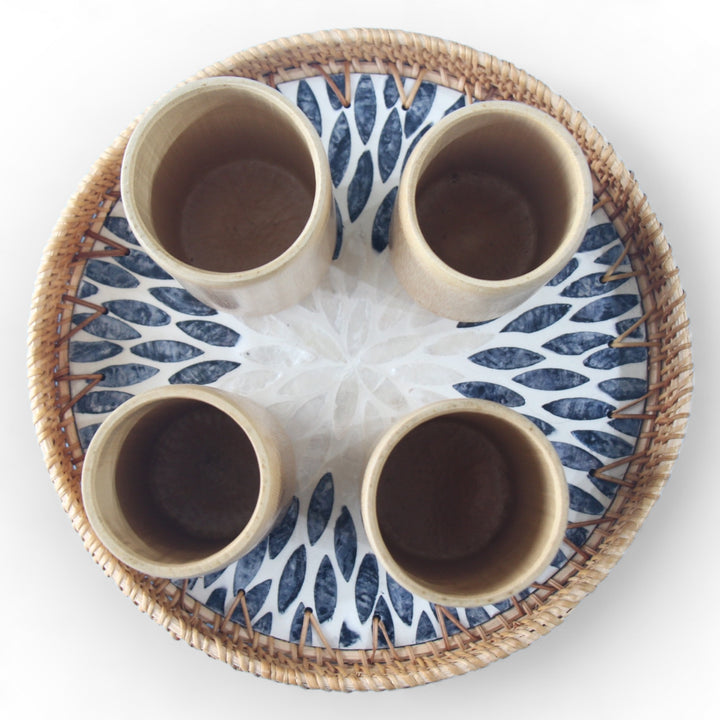 Set of 4 Large Bamboo Cups and Round Seashell Tray