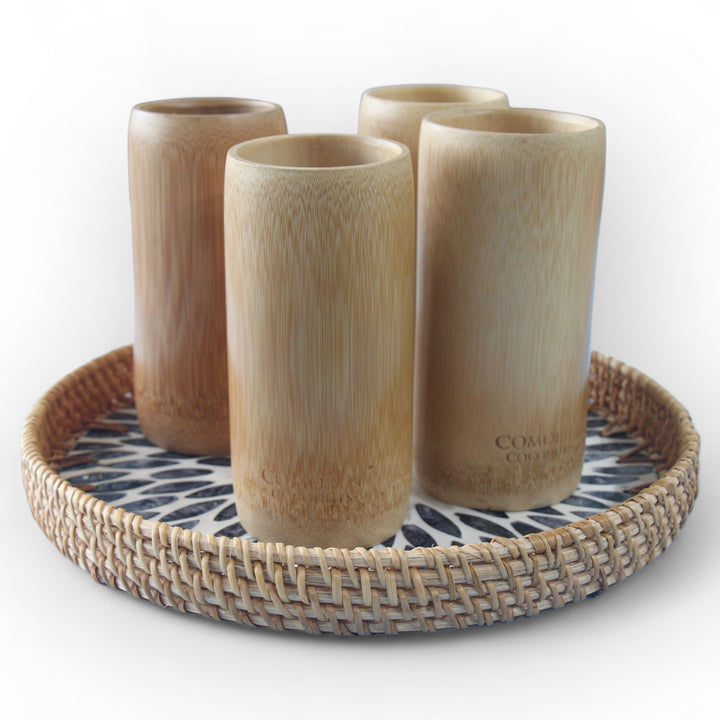 Set of 4 Large Bamboo Cups and Round Seashell Tray