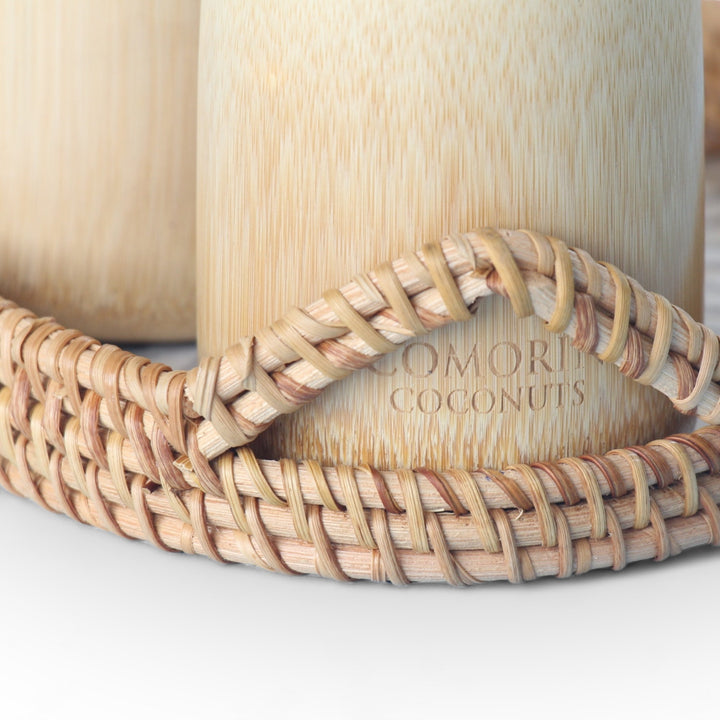 Set of 4 Medium Bamboo Cups and Oval Seashell Tray