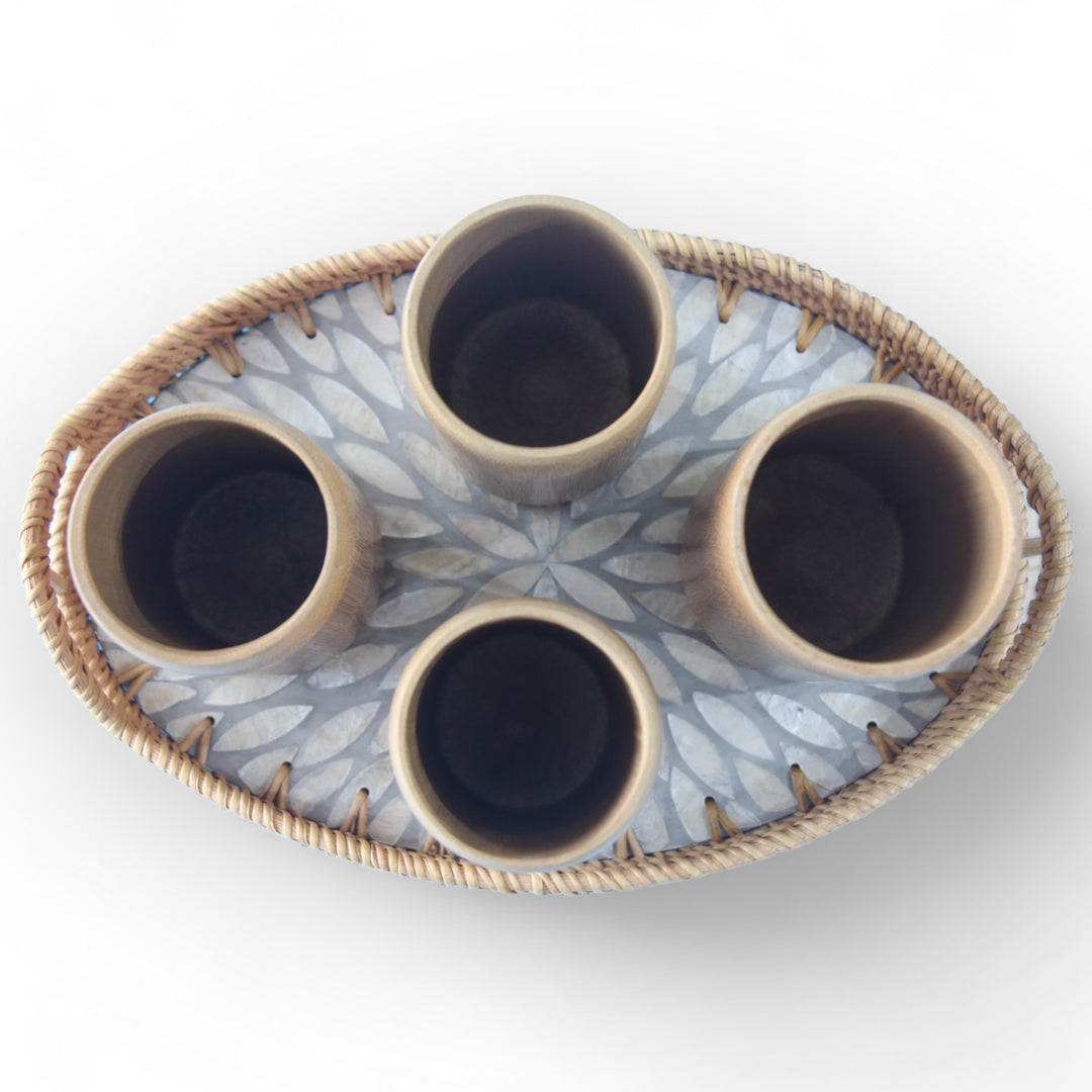 Set of 4 Large Bamboo Cups and Oval Seashell Tray