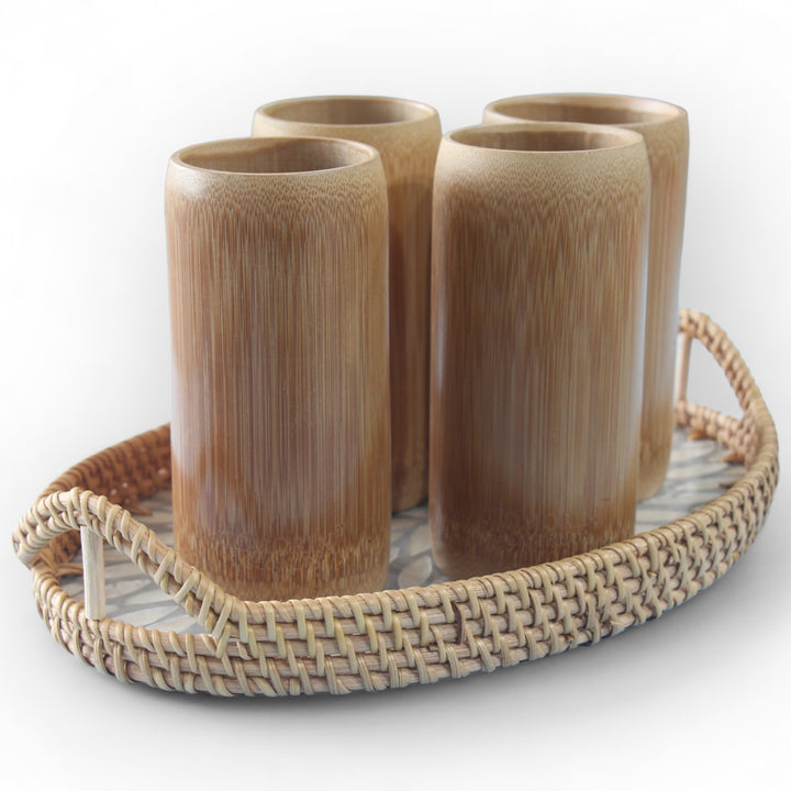 Set of 4 Large Bamboo Cups and Oval Seashell Tray