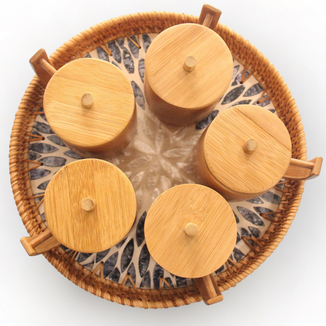 Set of 5 Bamboo Cup with Lid and Seashell Tray